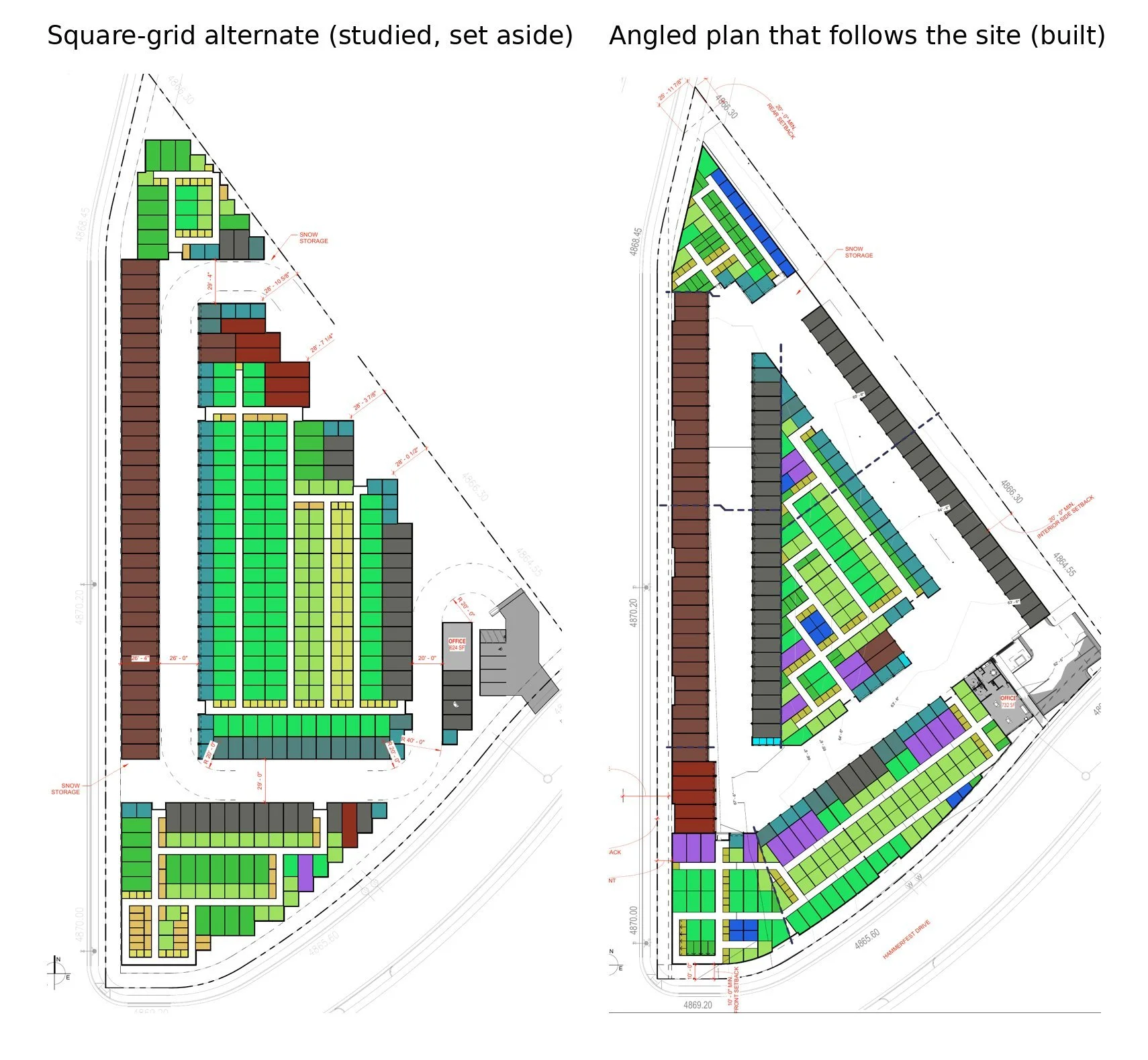 Two site plans studied for Daybreak Storage: a square-grid alternate that was set aside, and the angled plan that follows the site and was built