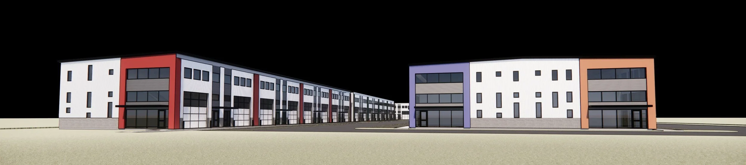 Rendering of the Logan Flex Warehouse street facades, with storefront entries and overhead doors