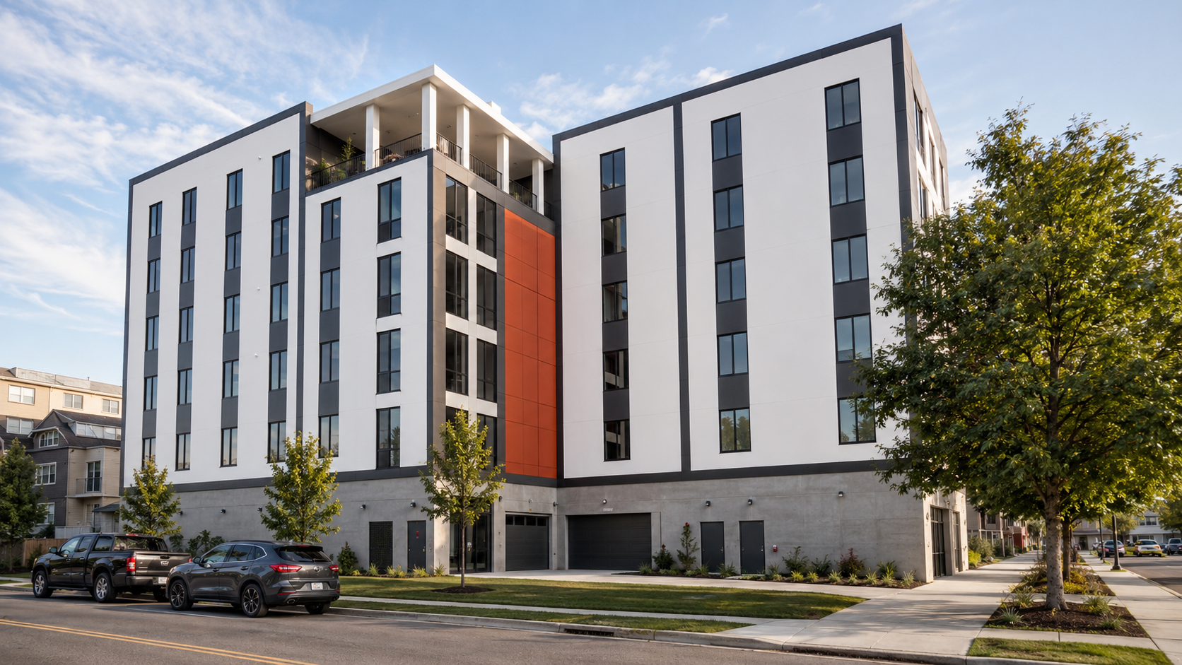 Rendering of Lofts Apartments from the street, with the orange accent panel and garage doors at the podium