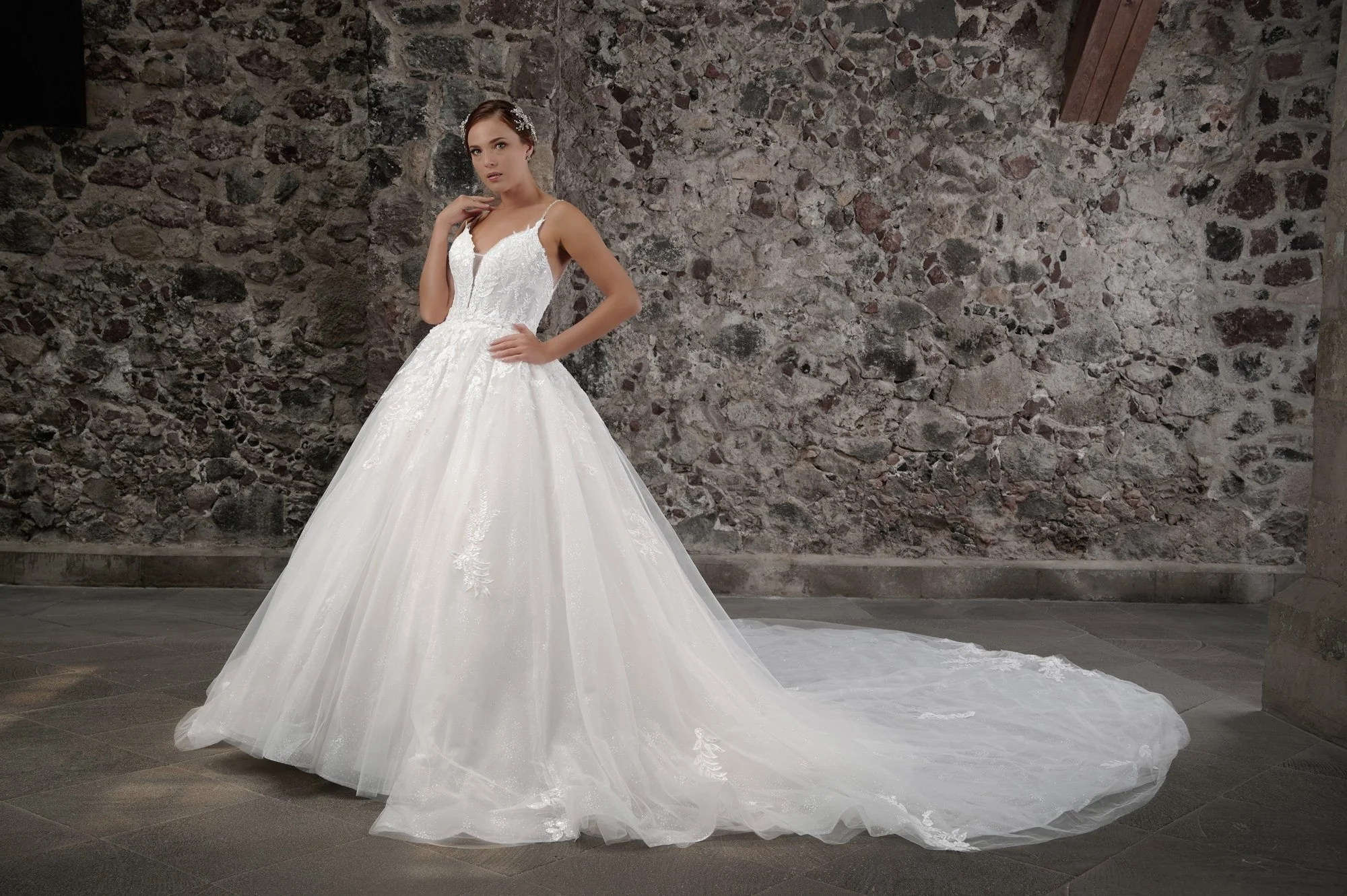 Novia con el vestido Cara de Bridenformal, princesa de tul con encaje, escote V y tirantes finos, vista frontal con cola.