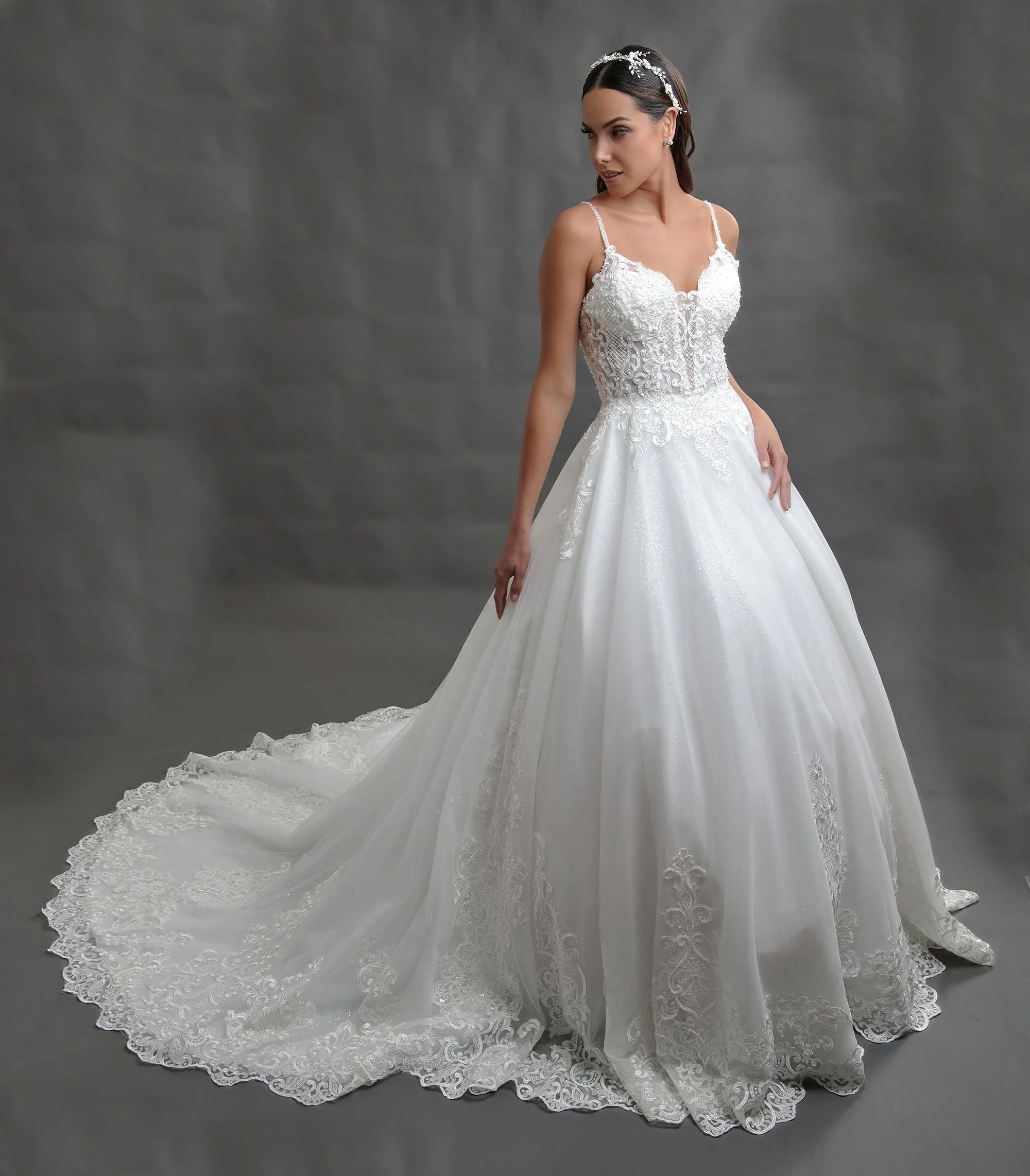 Novia con el vestido Bernabeu de Bridenformal, princesa de tul con brillo y encaje, vista frontal con cola.