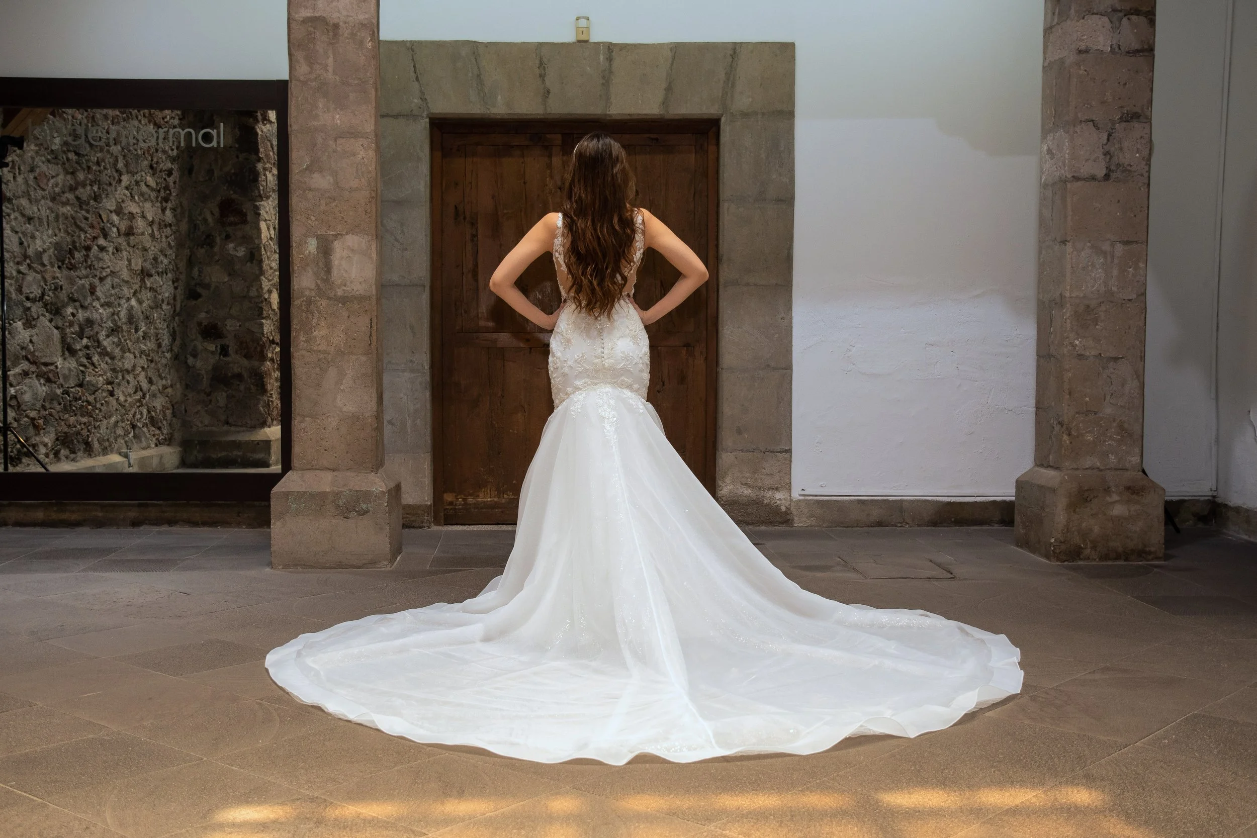 Espalda de ilusión del vestido de novia Wanda con cola de organza en silueta sirena.
