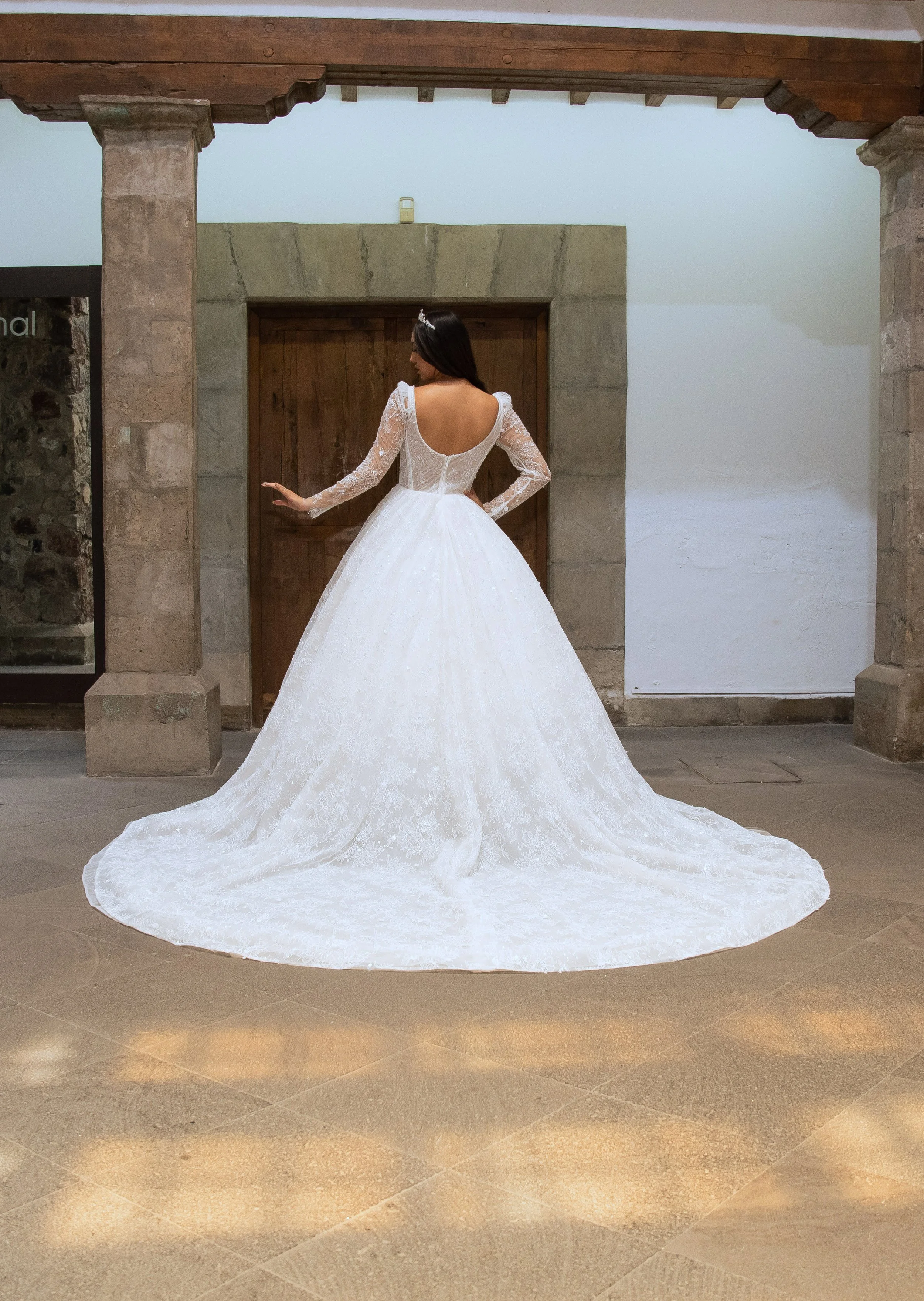 Espalda descubierta del vestido de novia Luna con cola amplia y brillo.