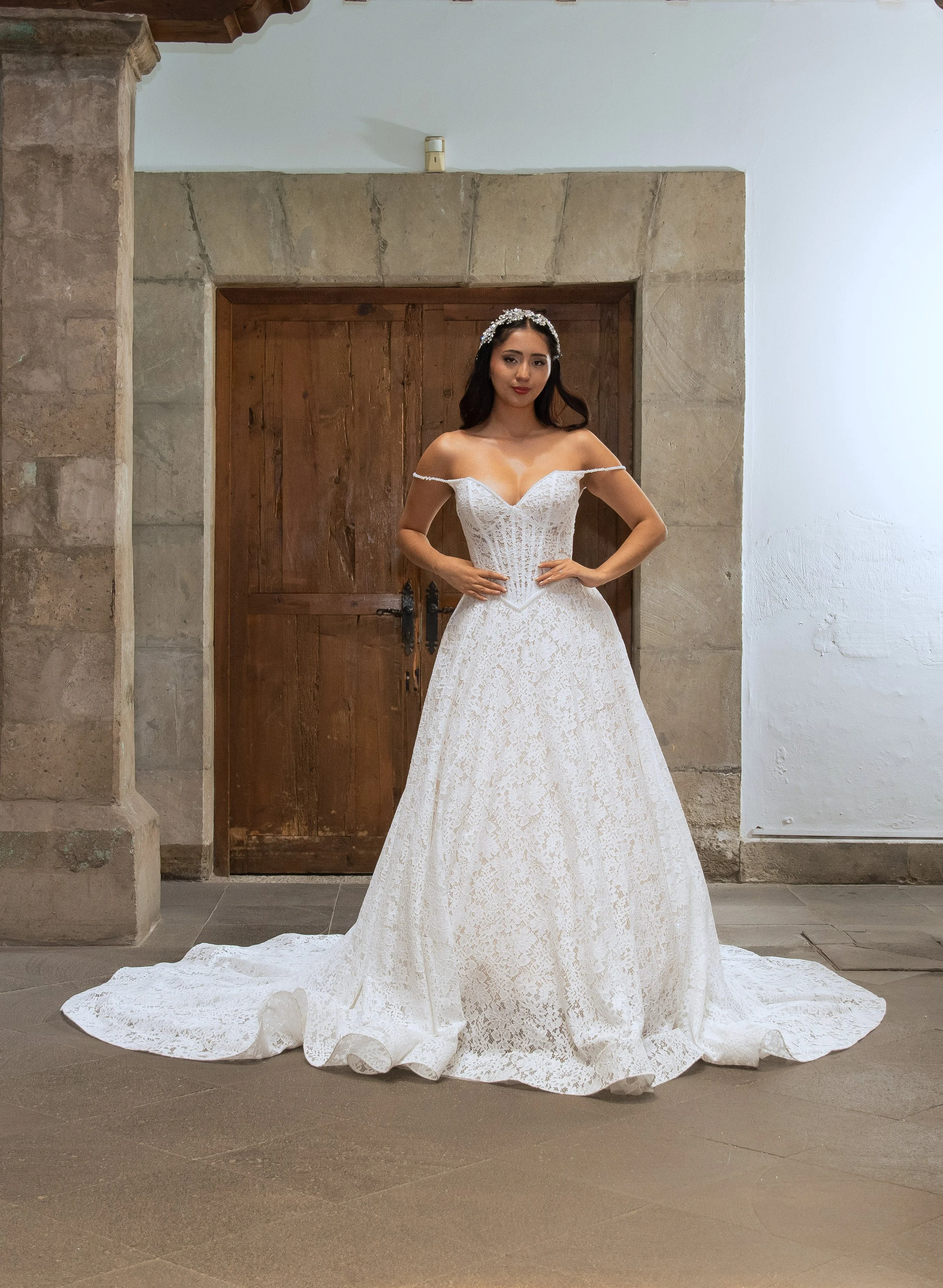 Novia con el vestido Tela de Bridenformal, línea A de encaje con escote corazón y tirantes caídos, vista frontal completa.