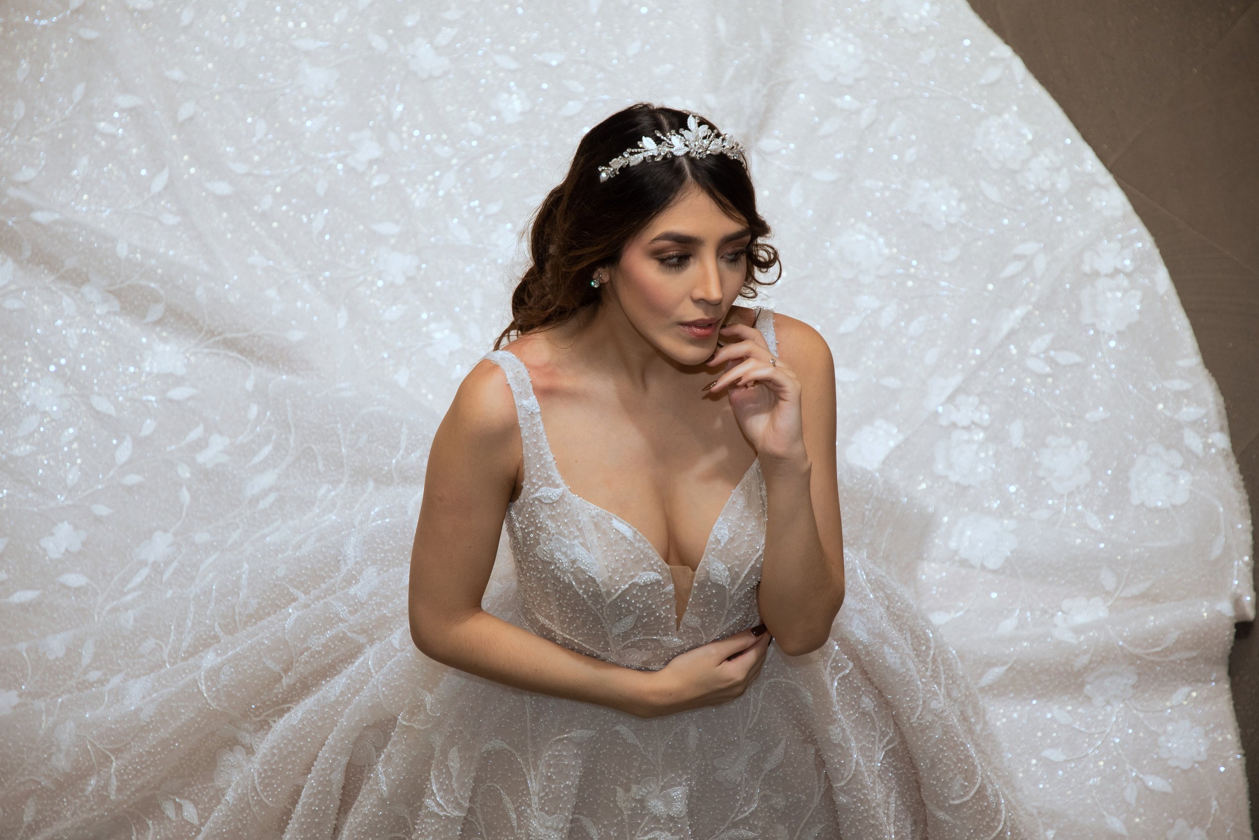Retrato de la novia con el vestido Trescia luciendo el escote en V y el corpiño con brillo.