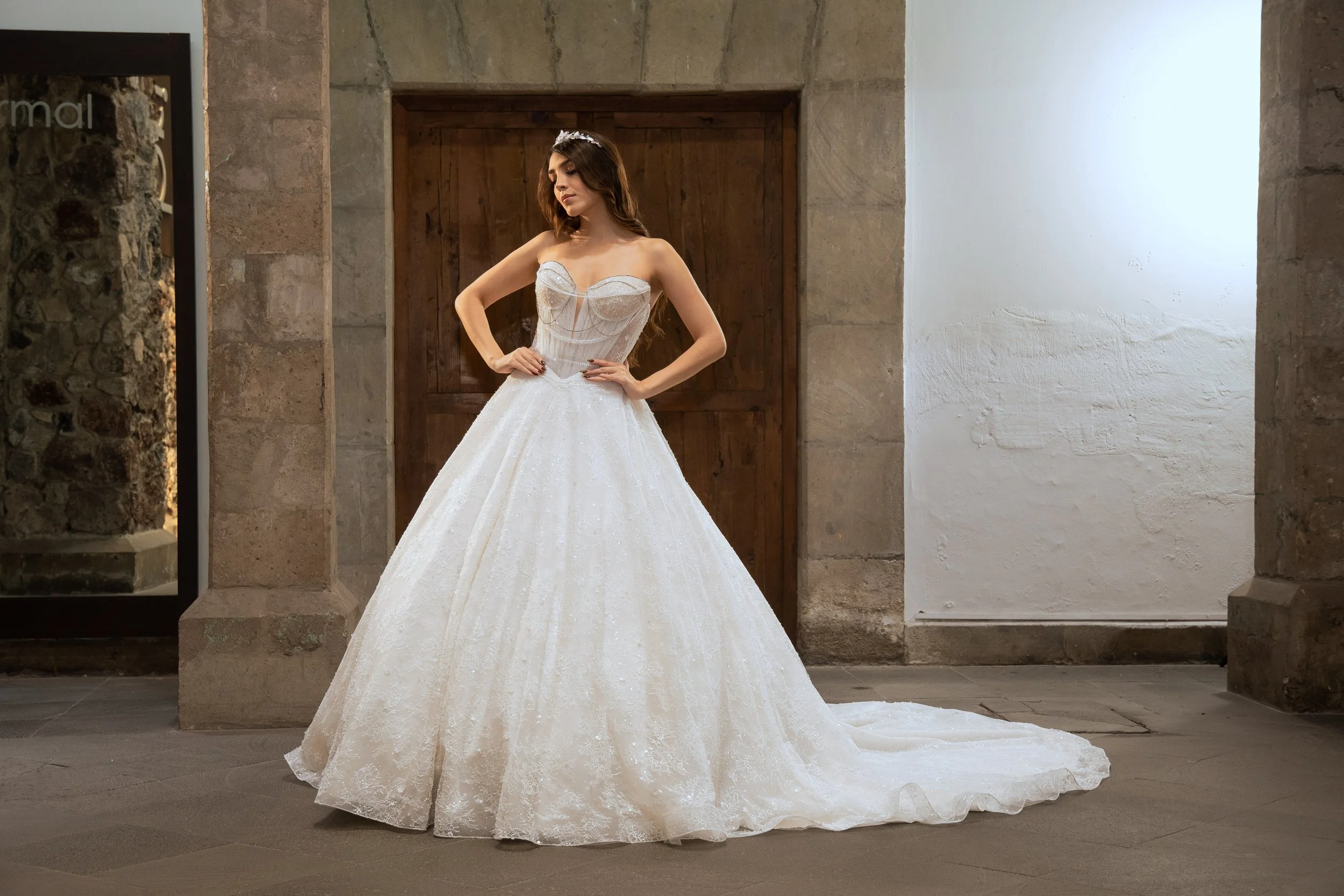 Novia con el vestido Lorelain de Bridenformal, línea A con corsé de pedrería y falda amplia con brillo, vista frontal completa.