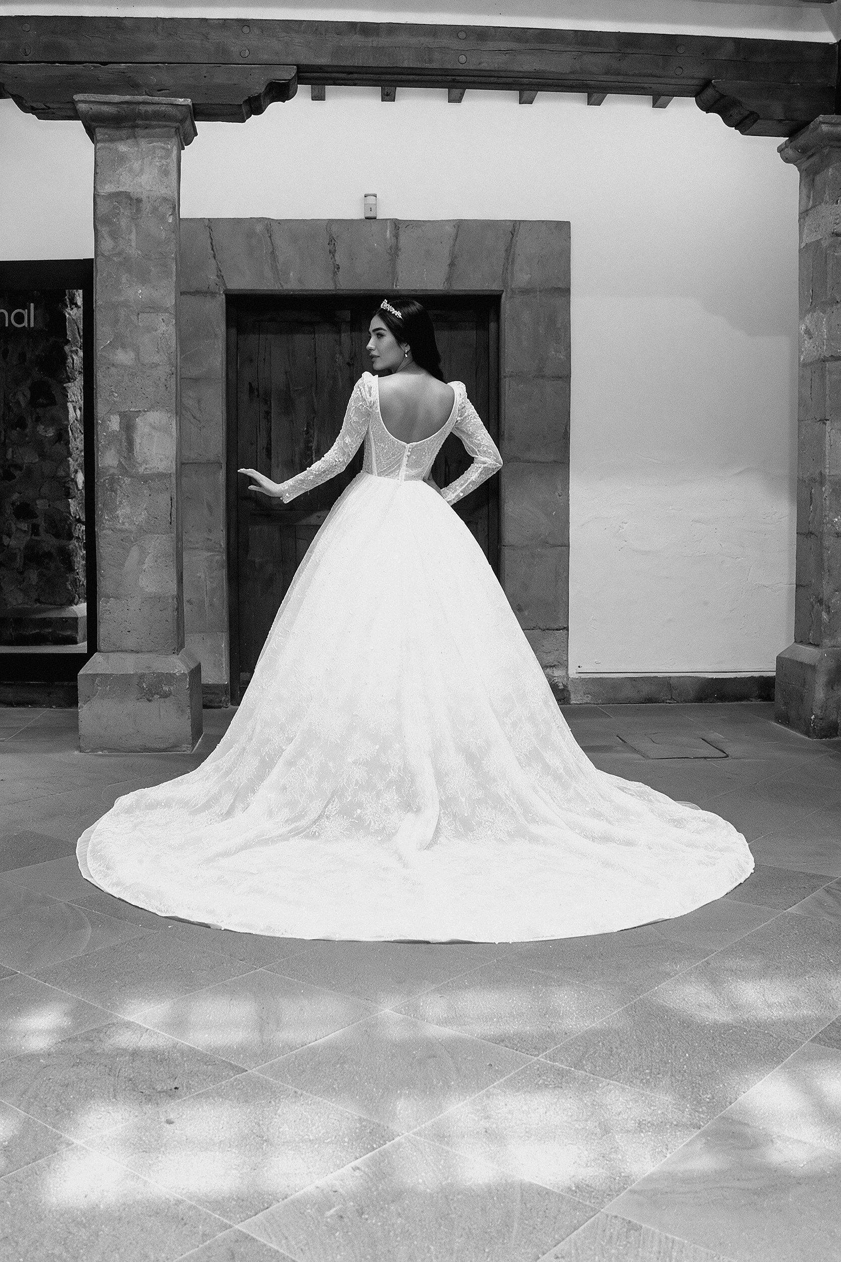 Espalda descubierta del vestido de novia Luna con cola amplia y brillo.