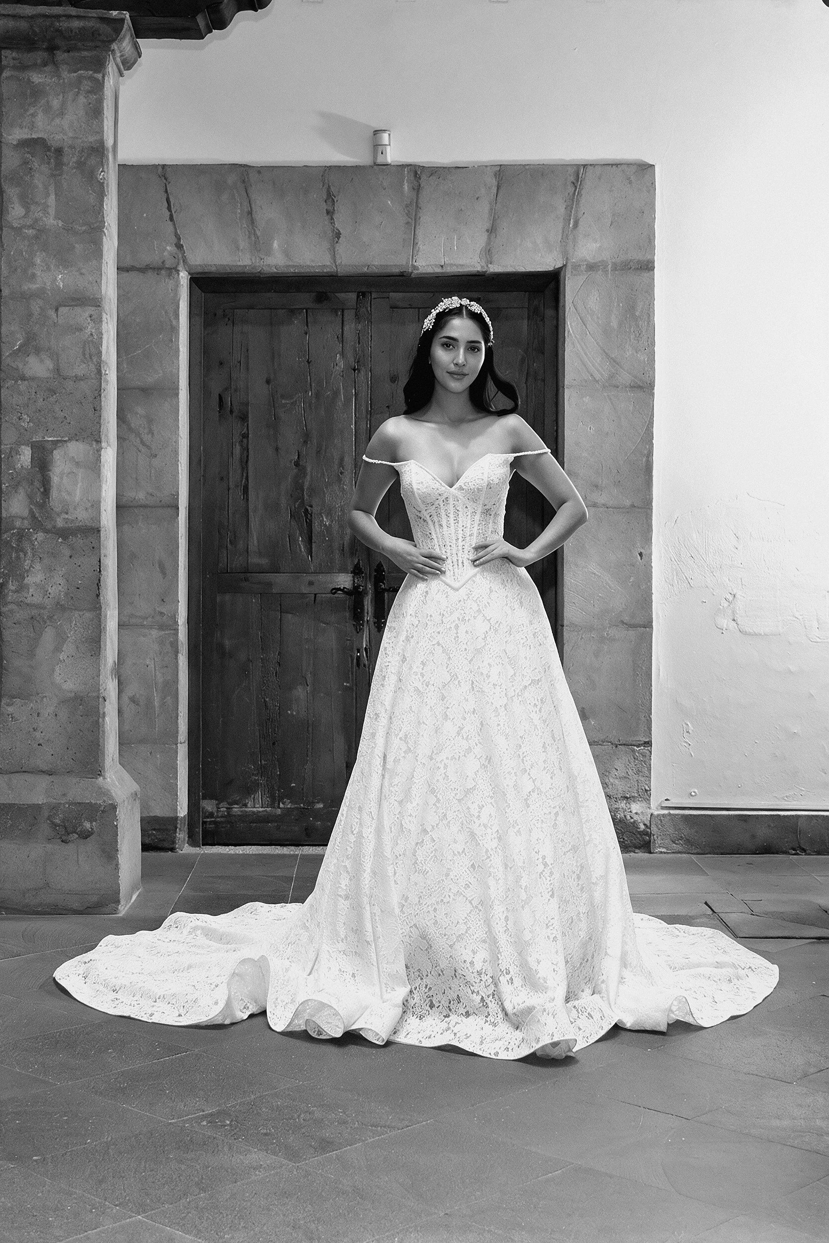 Novia con el vestido Tela de Bridenformal, línea A de encaje con escote corazón y tirantes caídos, vista frontal completa.