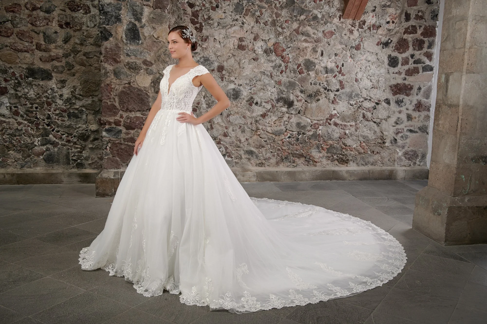 Novia con el vestido Cristal de Bridenformal, princesa de tul con encaje, escote en V y mangas cap, vista frontal con cola.