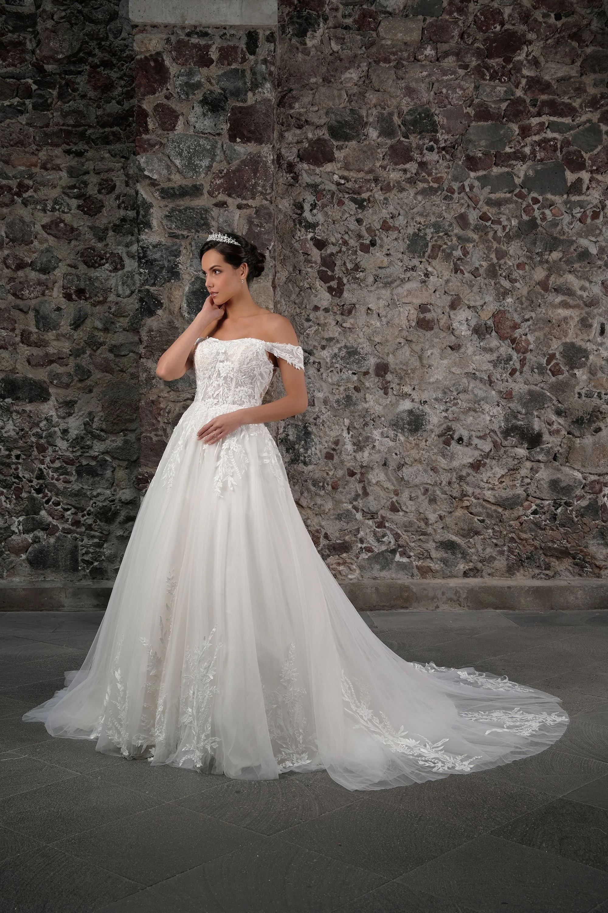 Novia con el vestido Cuento de Bridenformal, princesa de tul con encaje floral y mangas caídas, vista frontal con cola.
