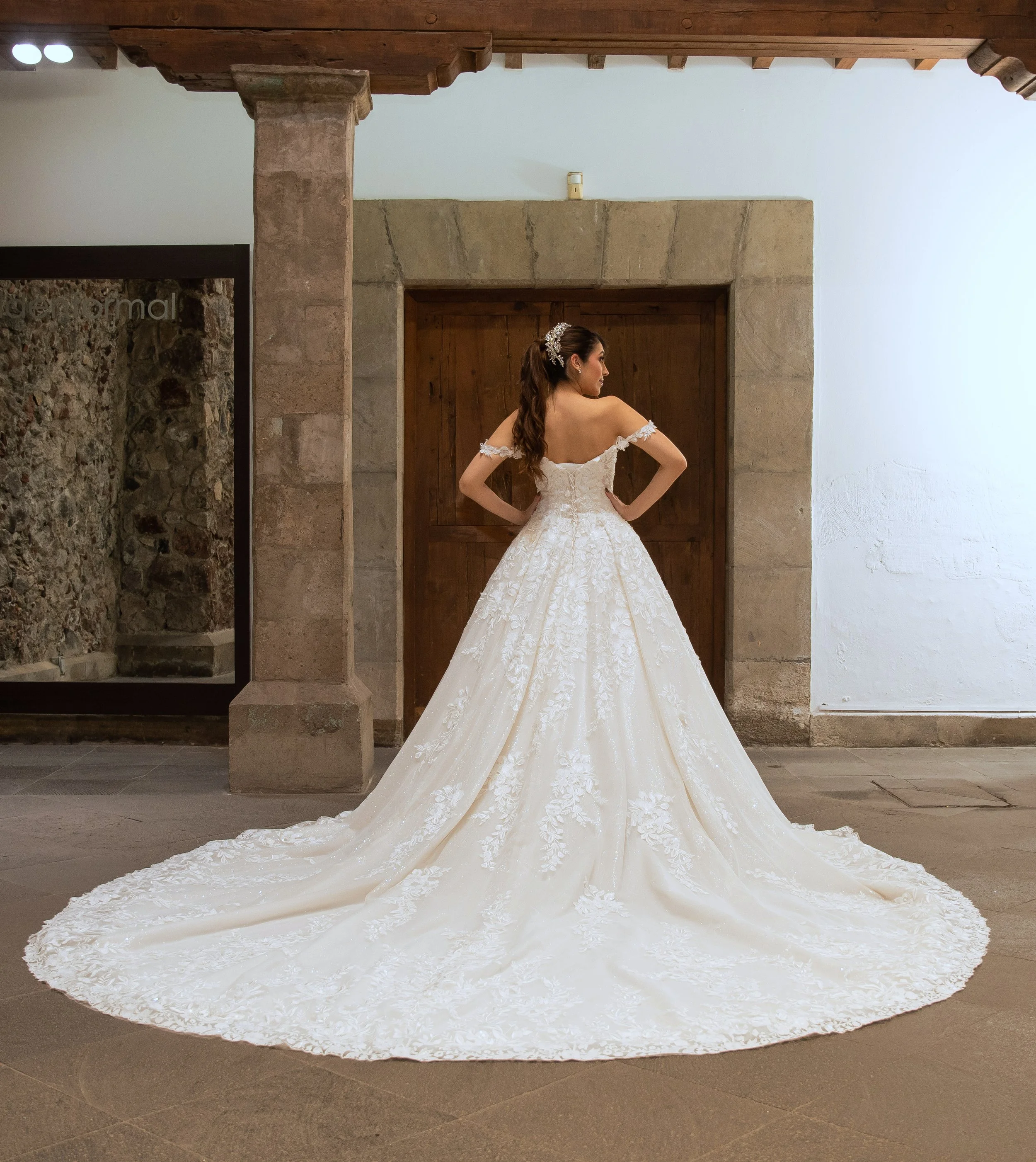 spalda del vestido de novia Zaire con falda voluminosa de tul y cola larga.