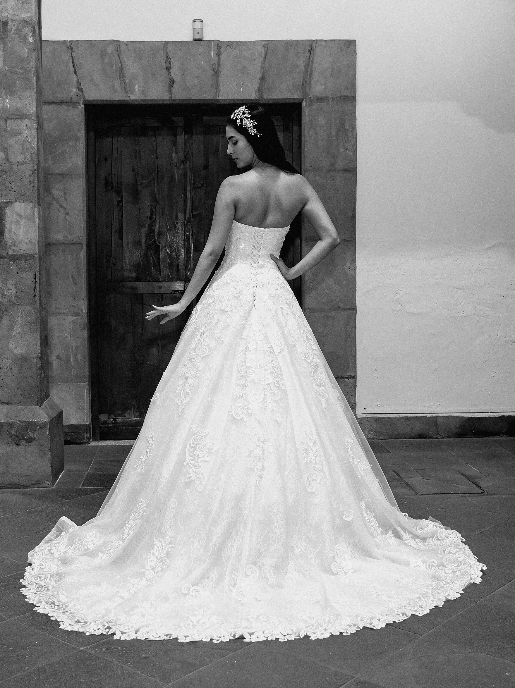Espalda del vestido de novia Alianza con falda de tul y encaje y cola larga.
