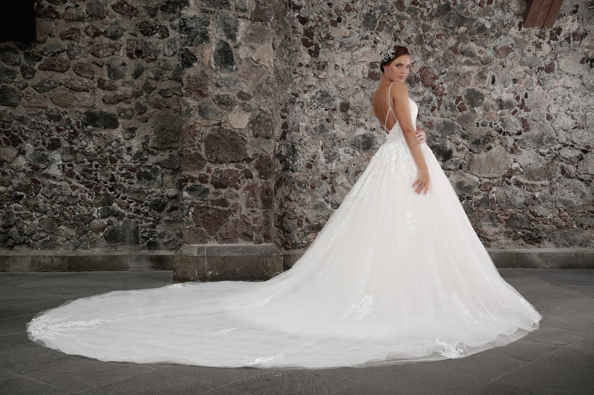 Espalda del vestido de novia Cara con falda princesa de tul y encaje y cola larga extendida.