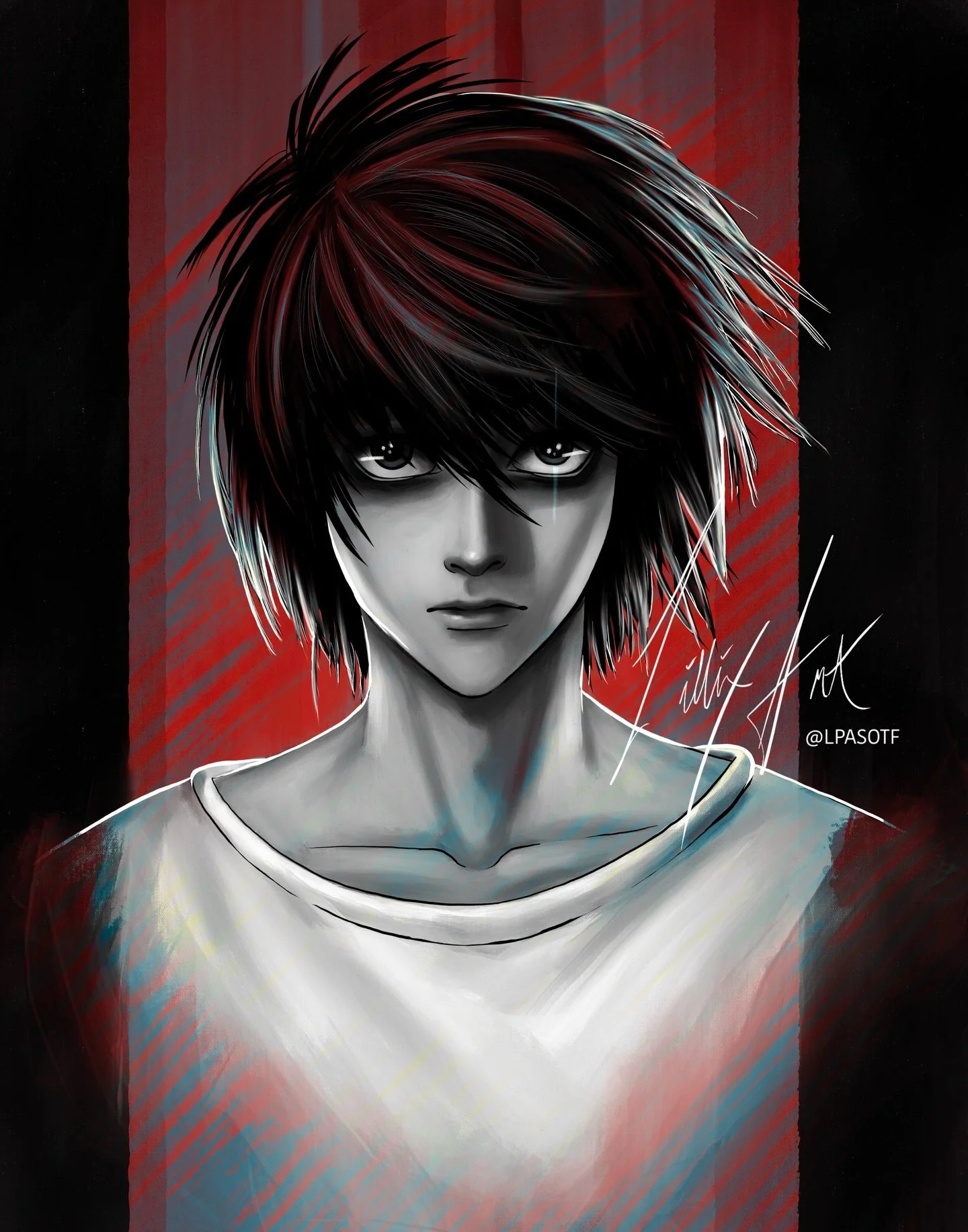 L🖤 
Having so much fun with my Death Note series! Couple more to come before @calgaryexpo 🥰 Can&rsquo;t wait! LETS GOOO! 
#deathnote #animeart #lawliet #drawing #painting