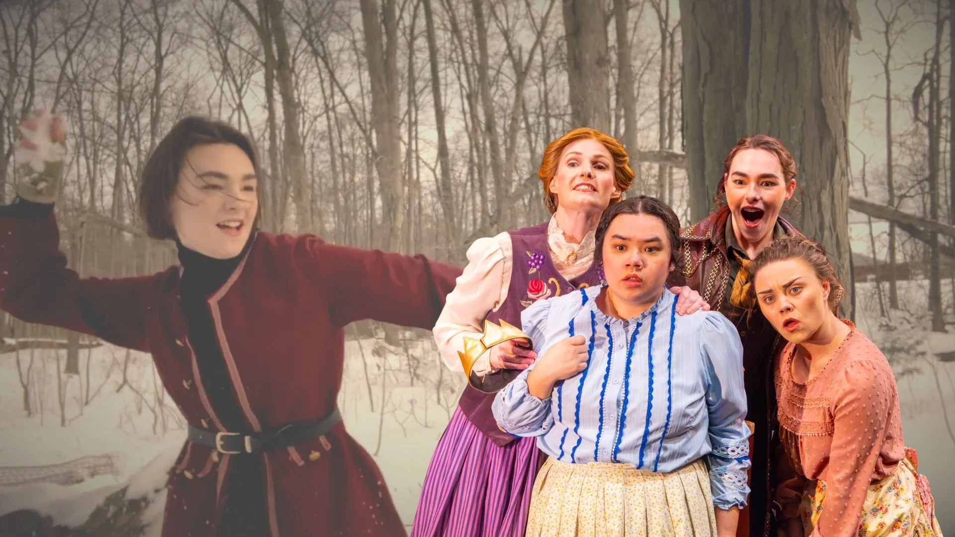 Four sisters look shocked, curious, excited, flabbergasted as they spot something new. Behind them, a woman (who is the same woman as the woman in the top right) in the background throws a snowball