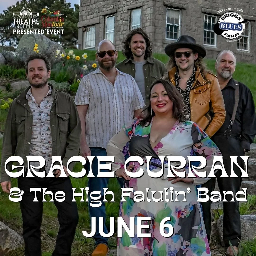 A woman with a group of five men on a hill with daffodils. Text reads Gracie Curran & the High Falutin' Band, June 6th.