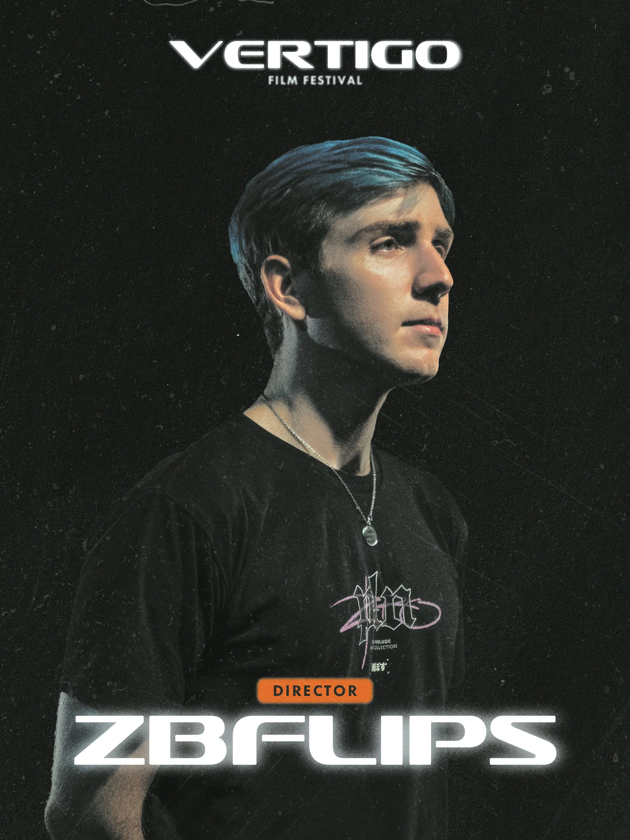 Poster for the Vertigo Film Festival featuring a young person's portrait with short dark hair, wearing a black T-shirt with pink and white graphics, and a silver necklace. The poster has the text 'VERTIGO FILM FESTIVAL' at the top and 'ZEBLIPS' at the bottom, with a small orange label 'DIRECTOR' across the middle.