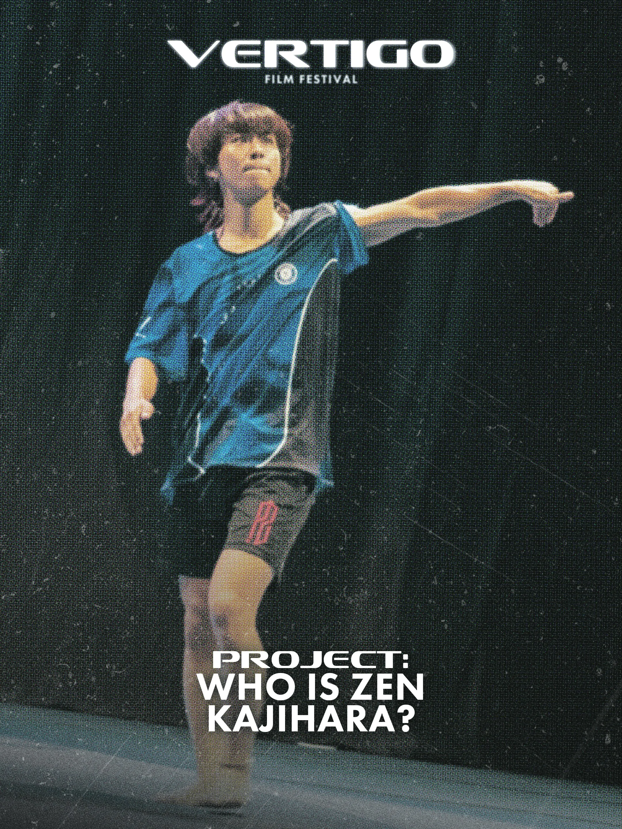 Poster for the Vertigo Film Festival featuring an animated character with brown hair wearing sportswear and extending an arm. The poster has the event title "VERTIGO FILM FESTIVAL" at the top and the project name "WHO IS SZEN KAJHARA?" at the bottom.