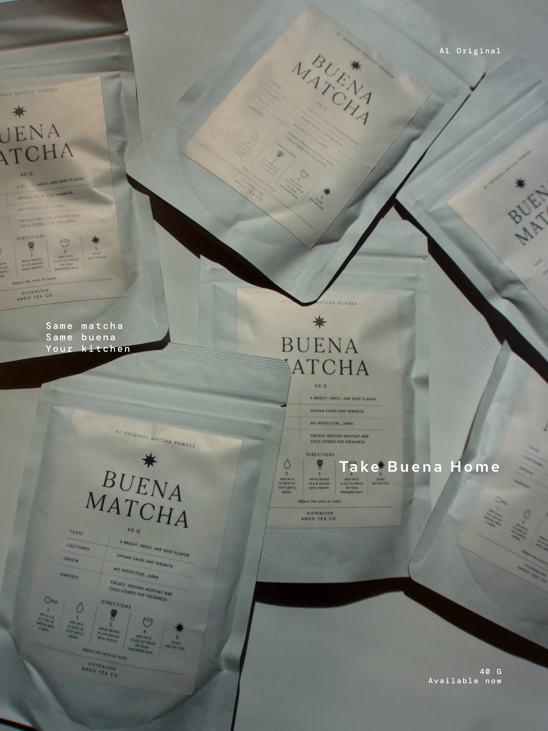 The same matcha we whisk behind the bar every day &mdash; now yours to whisk at home.

Take Buena Home.

Available now at Buena Matcha and Online! 
www.buenamatcha.com