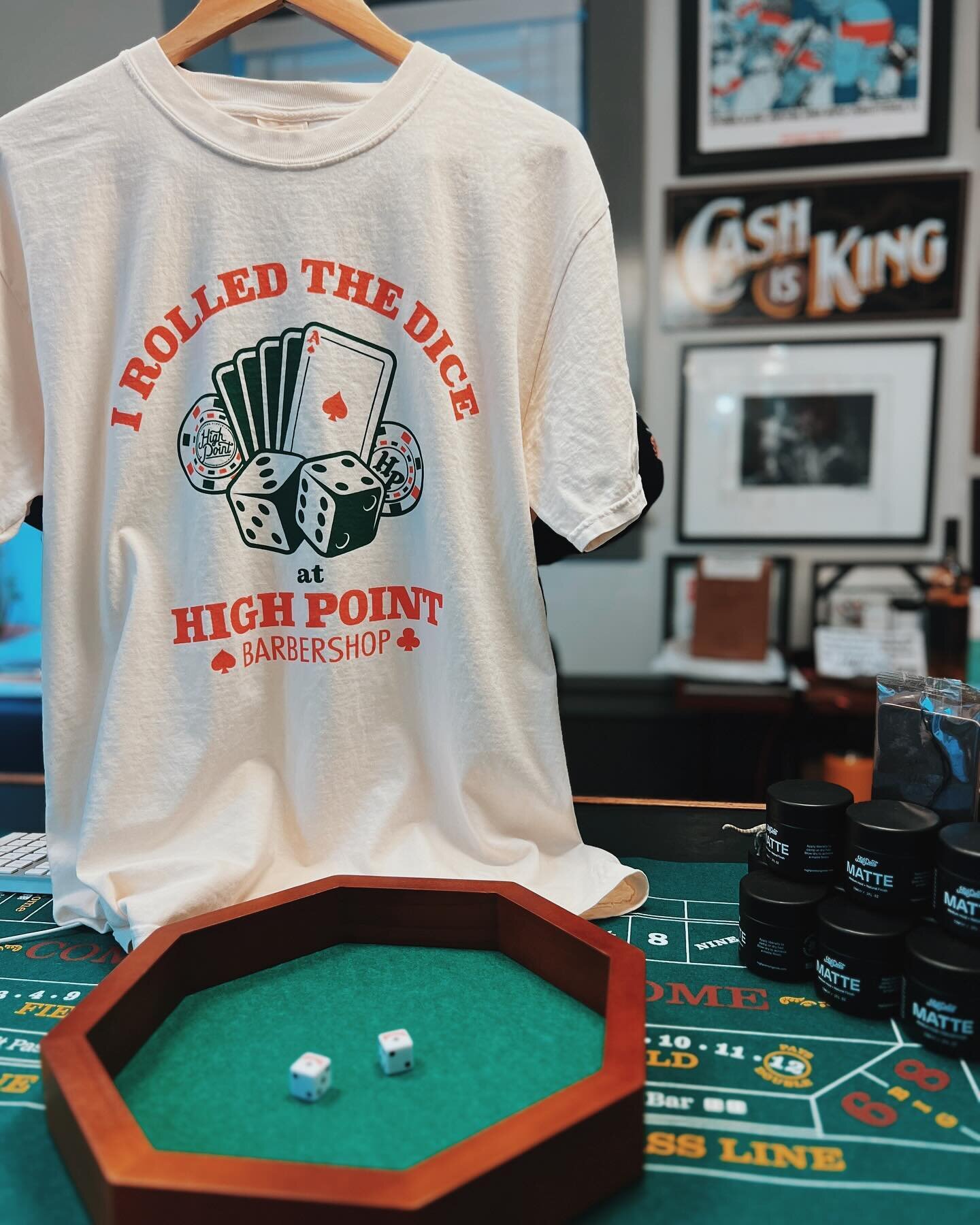 Y&rsquo;all have been loving the dice roll discount! Make sure to ask your barber how to get a discount on @highpointoriginals and other retail essentials during your service through the holiday. Shirts are available for purchase in stores and can be