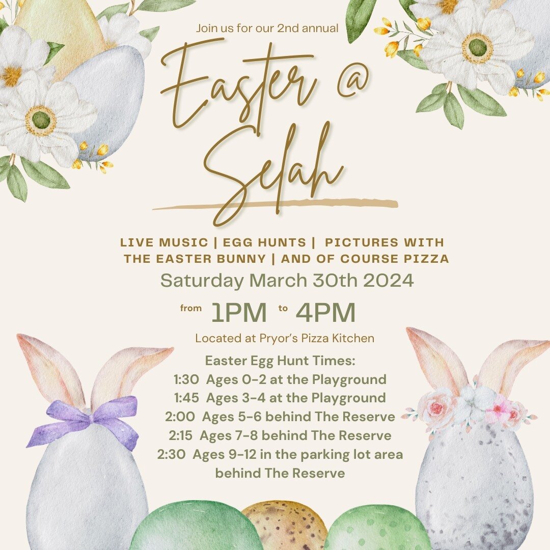 Join us for our 2nd Annual Easter @ Selah on Saturday, March 30th, 2024! 🐰🎶 Hop into the festivities with live music, egg-citing Easter egg hunts, a special appearance by the Easter Bunny himself, and, of course, PIZZA!! Don't miss out on the fun-f