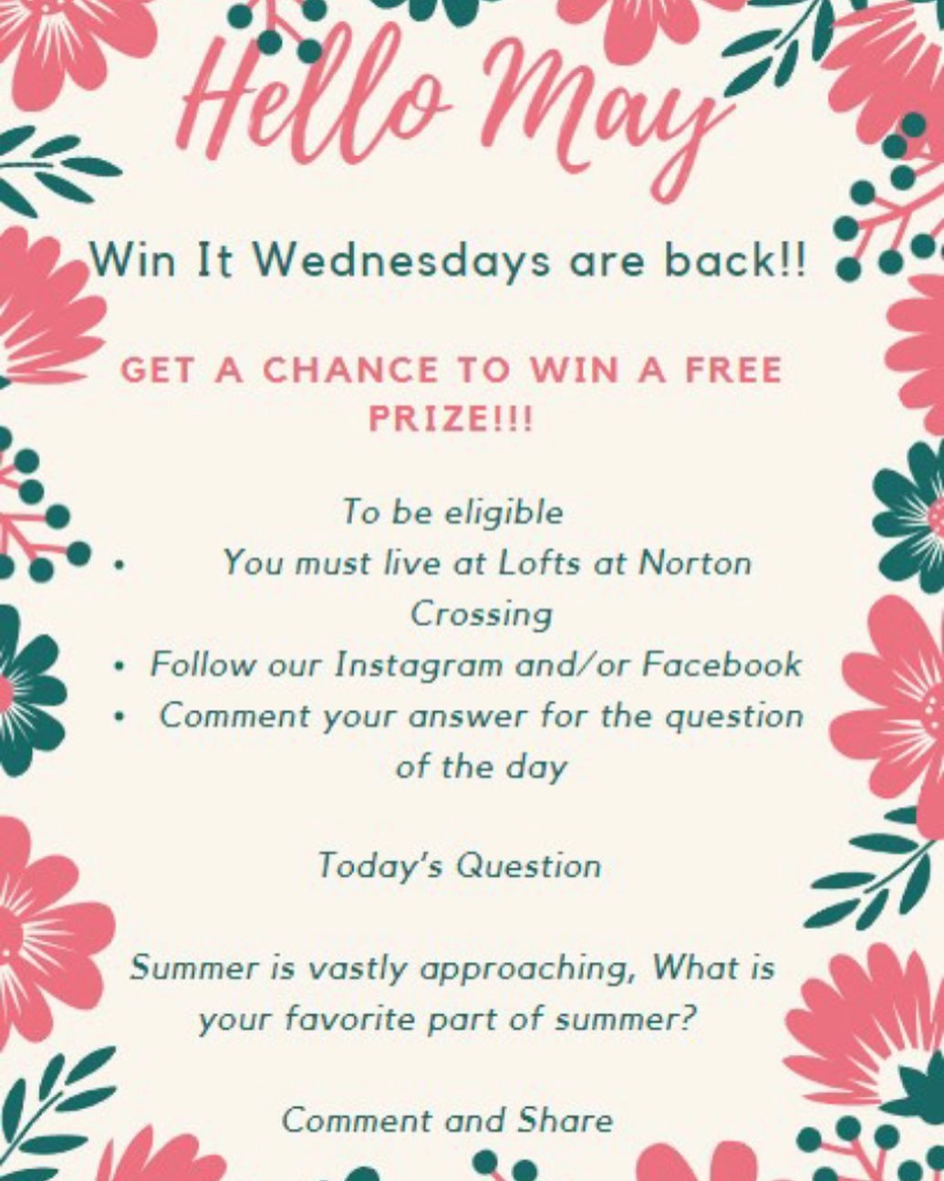 Hello May!! Win it Wednesdays are back!! Get a Chance to win a free prize!!! 

Today&rsquo;s Question
Summer is vastly approaching, What is your favorite part of summer? 

Comment and Share

We will announce the winner next Wednesday!