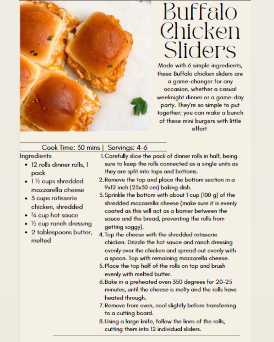 Hosting a party? Having a game night or just staying in? The buffalo chicken sliders are a perfect dish to create. It takes less than 30 mins to cook. This dish can pair perfectly with salad, chips, and/or fries! 

#cookitthursdays