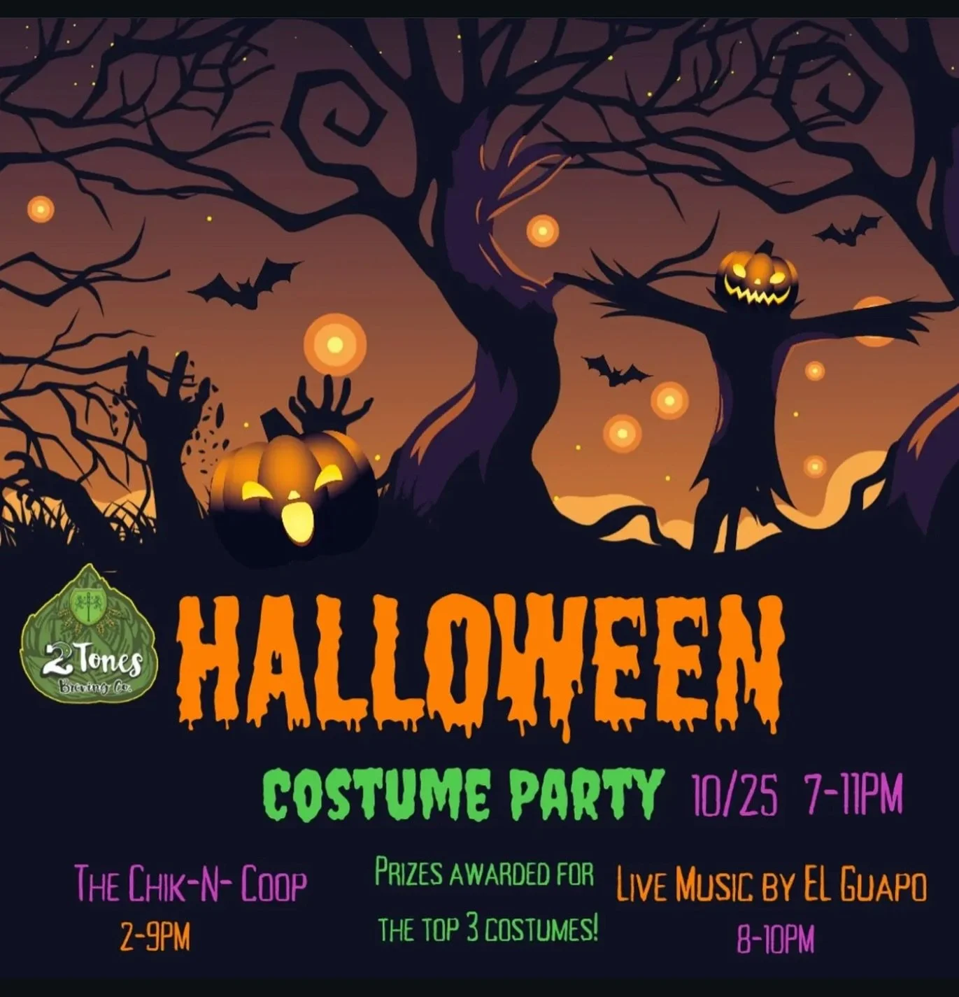 🎃 Our neighbors next door at @2tonesbrewingco are getting spooky this weekend! 👻
They&rsquo;re hosting a Halloween Costume Party with live music, prizes for the best costumes, and food from The Chik-N-Coop 🍗

🗓️ Friday, Oct 25th
🕖 7&ndash;11 PM 