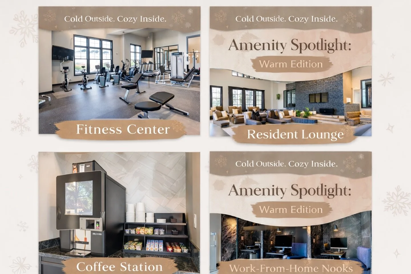 ❄️ Cold outside, cozy inside.

From breaking a sweat in the fitness center to grabbing a warm cup of coffee or settling into one of our work-from-home nooks, our amenities are designed to keep you comfortable all winter long.

Welcome home. 🏡
