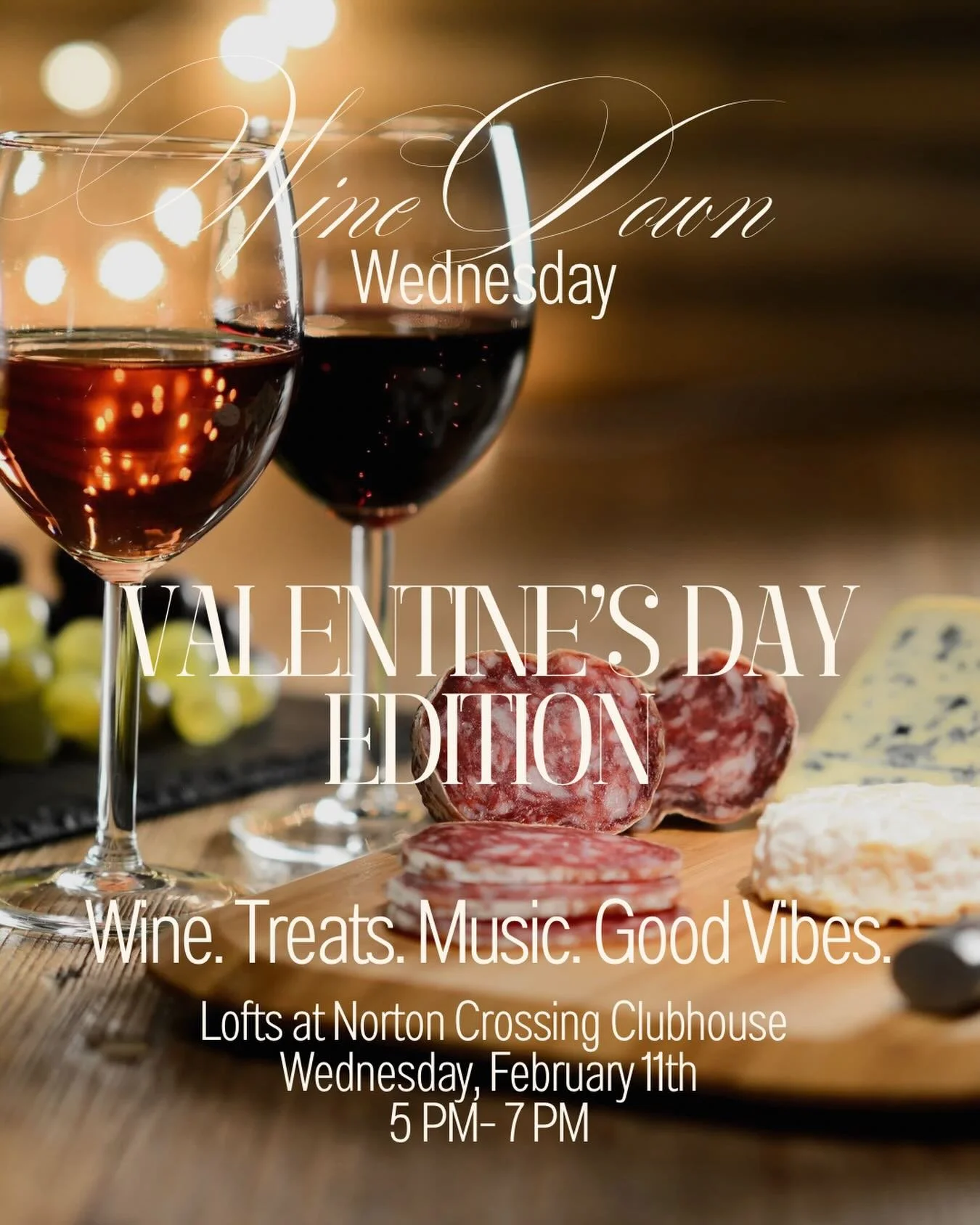 Sip, savor, and celebrate love. 🍷💘
Join us for Wine Down Wednesday: Valentine&rsquo;s Day Edition&mdash;an evening of wine, treats, music, and good vibes.
📍 Lofts at Norton Crossing Clubhouse
🕔 Wednesday, February 11th | 5&ndash;7 PM