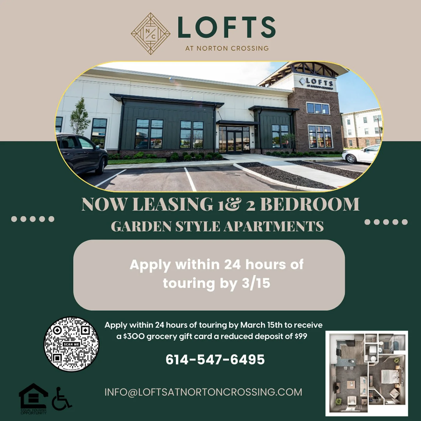 Tour. Apply. Save. 💥Apply within 24 hours of touring by March 15th and get a $300 grocery gift card + $99 deposit!Schedule your tour at Lofts at Norton Crossing today!