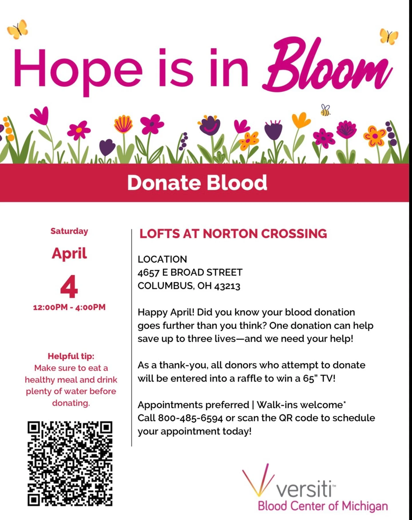 ✨We are excited to partner with Versiti Blood Center to host a community blood drive right here at Lofts at Norton Crossing.
 

Date: Saturday, April 4
Time: 12:00 PM &ndash; 4:00 PM
Location: Clubhouse
 

Blood donations are always in need, and just
