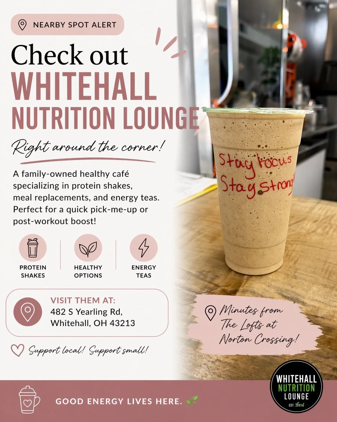 Looking for a quick pick-me-up? 🥤
@whitehallfitspot is right around the corner from The Lofts at Norton Crossing!

They have protein shakes, teas, and quick options if you&rsquo;re on the go. Perfect for a midday boost or post-workout stop.

Definit