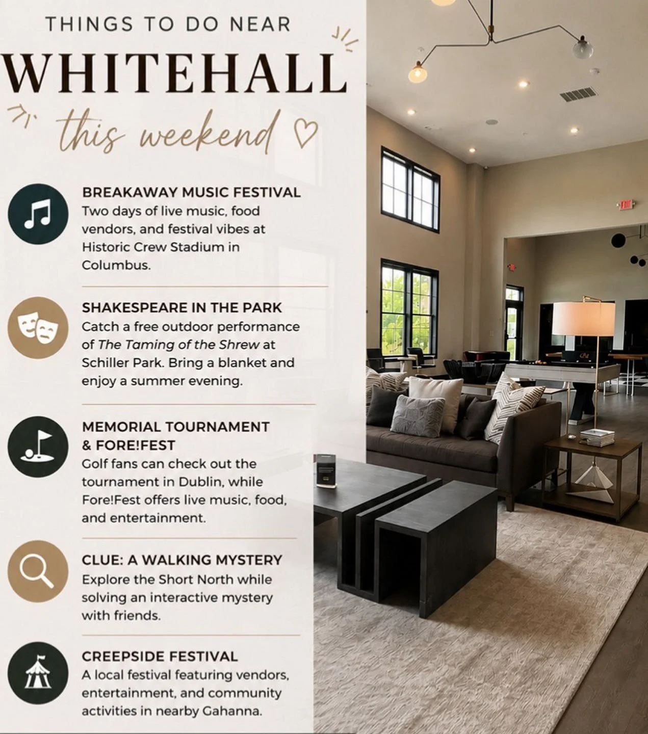 ✨ THINGS TO DO NEAR WHITEHALL THIS WEEKEND ✨Looking for weekend plans? Here are a few events happening around the Columbus area

🎶 Breakaway Music Festival
📅 May 29&ndash;30
📍 Historic Crew StadiumEnjoy two days of live music, food vendors, and fe