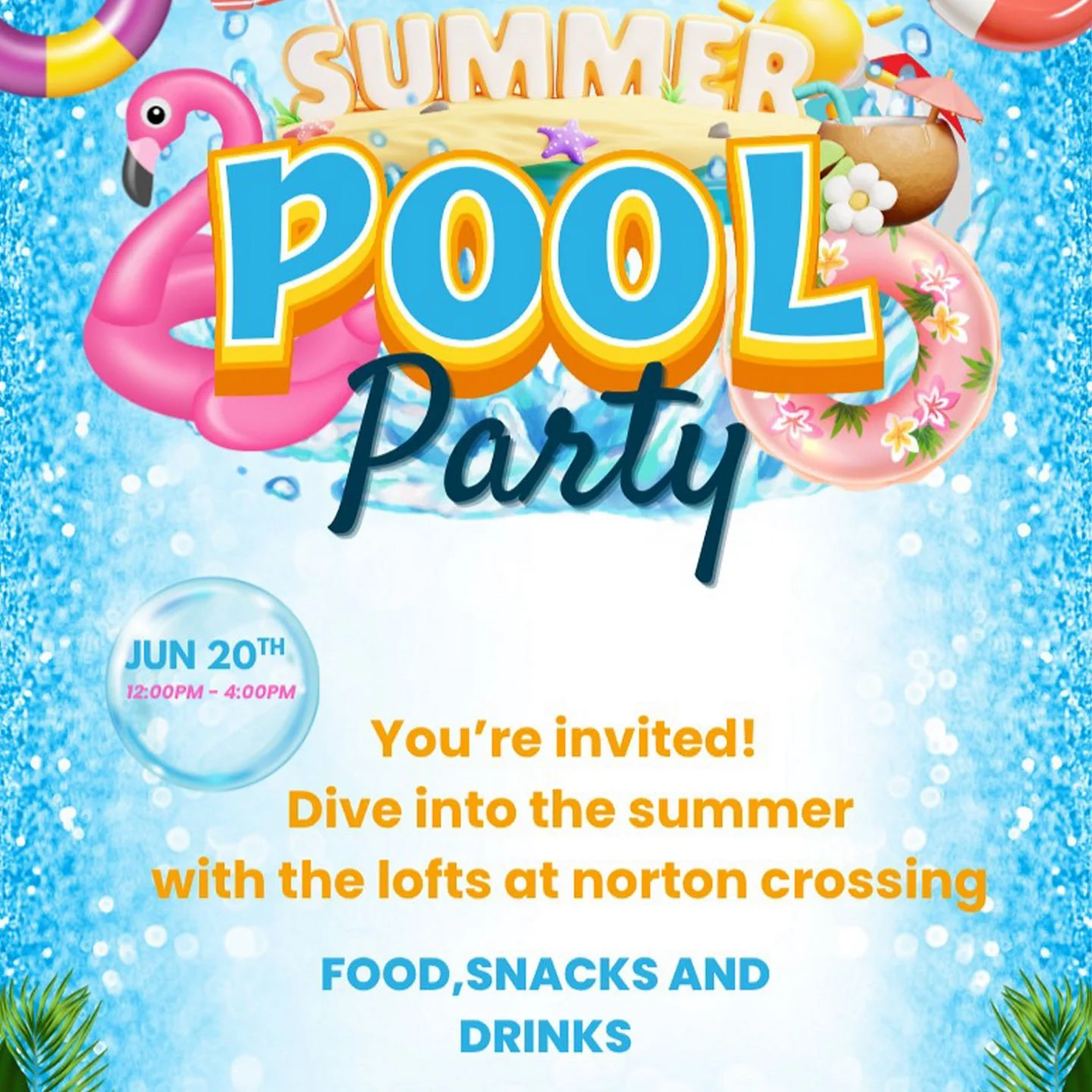 ☀️🏊 COMMUNITY POOL PARTY 🏊☀️Join us on Saturday, June 20th from 12:00 PM &ndash; 4:00 PM for an afternoon of fun in the sun!Enjoy delicious food, refreshing drinks, tasty snacks, music, and great company while relaxing by the pool.Bring your family