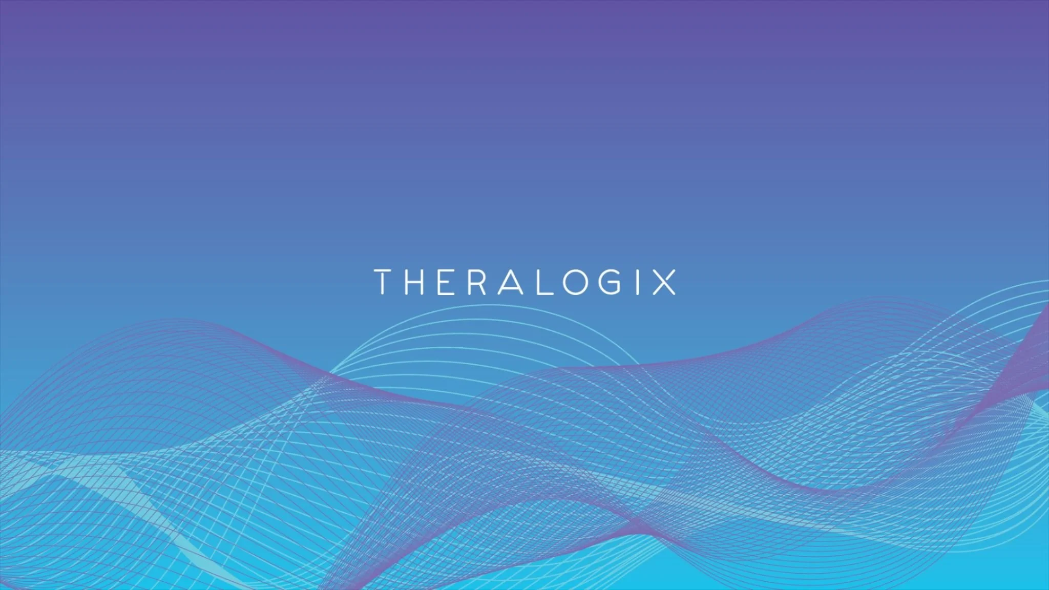Digital abstract background with gradient shades of purple and blue, featuring flowing wave-like lines and the text 'THERALOGIX' in the center.