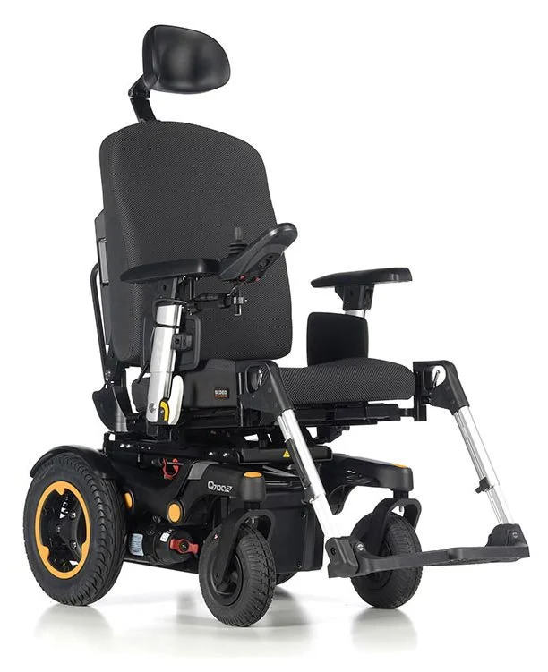 Electric wheelchair with adjustable headrest and armrests on a white background.