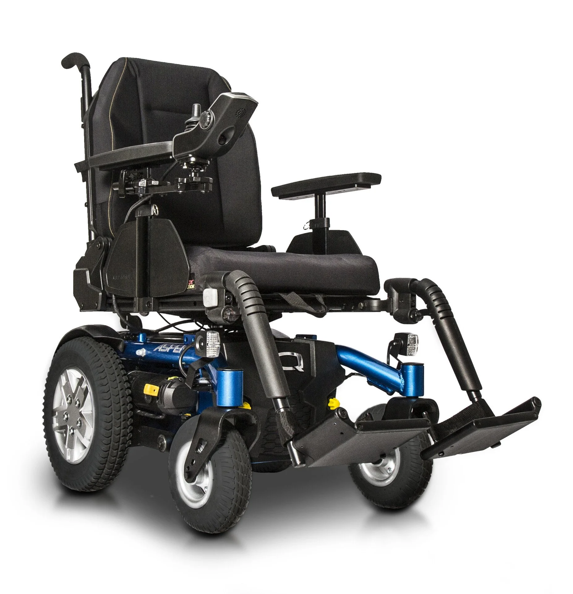 Electric wheelchair with black seat and blue frame
