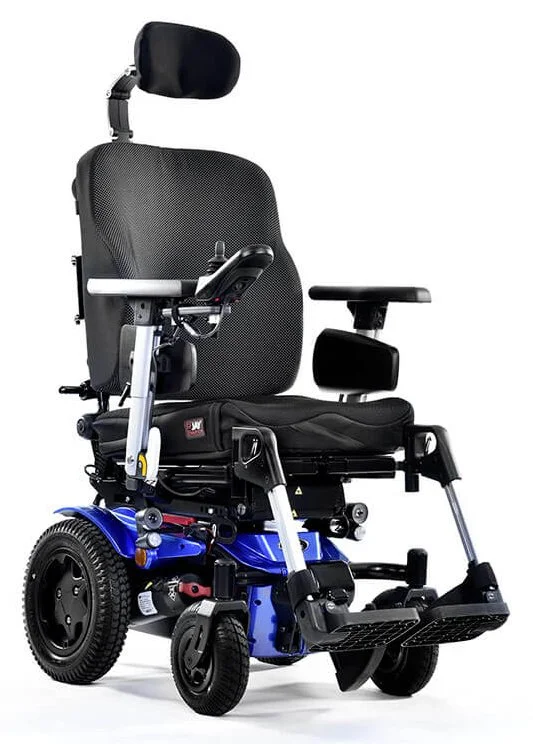 Electric wheelchair with blue base and adjustable seating