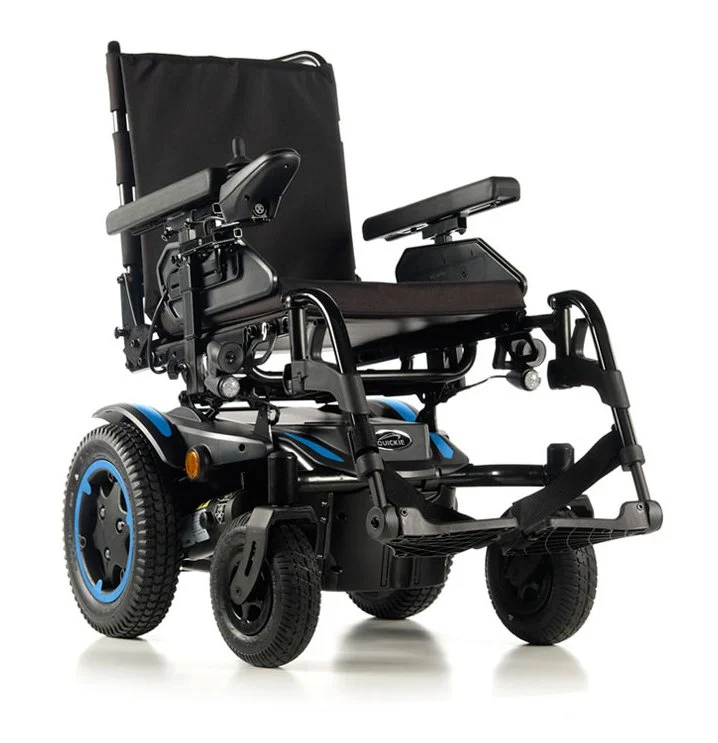 Electric wheelchair with black seat and blue accents on the wheels.