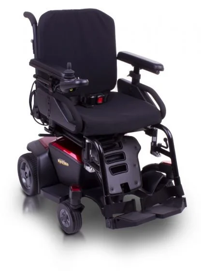 Electric wheelchair with black seat and joystick control