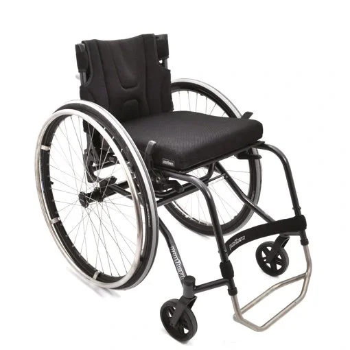 Lightweight manual wheelchair with black seat and silver frame, featuring large rear wheels and small front casters.