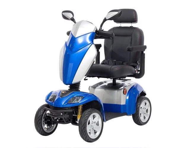 Electric mobility scooter with blue and white color scheme, featuring four wheels and a padded black seat.