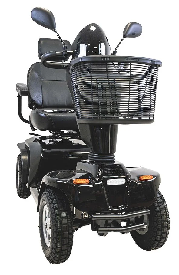 Black mobility scooter with basket and mirrors