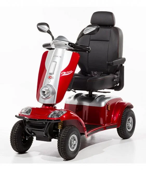 Red mobility scooter with four wheels and a black seat.