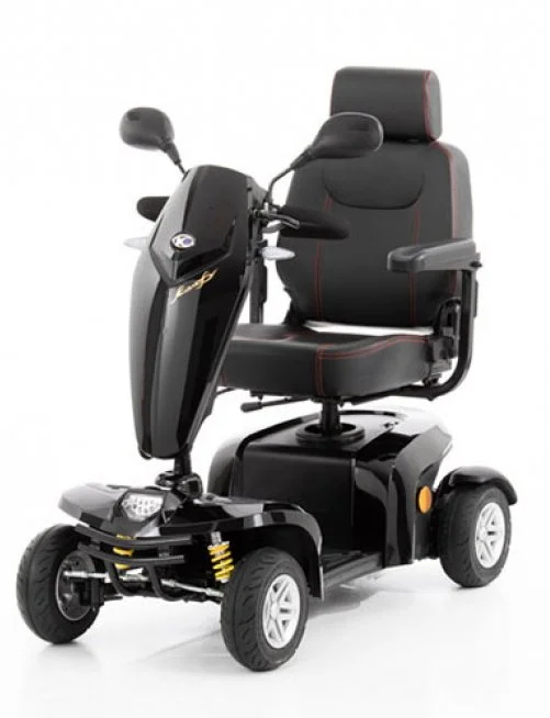 Four-wheel mobility scooter with black seat and handlebars