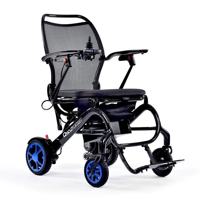 Electric wheelchair with a mesh back, joystick controller, and blue wheels.