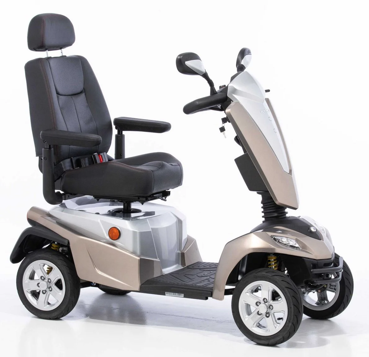 Mobility scooter with a comfortable seat, armrests, and handlebars. The scooter has four wheels and a sleek design for easy transportation.