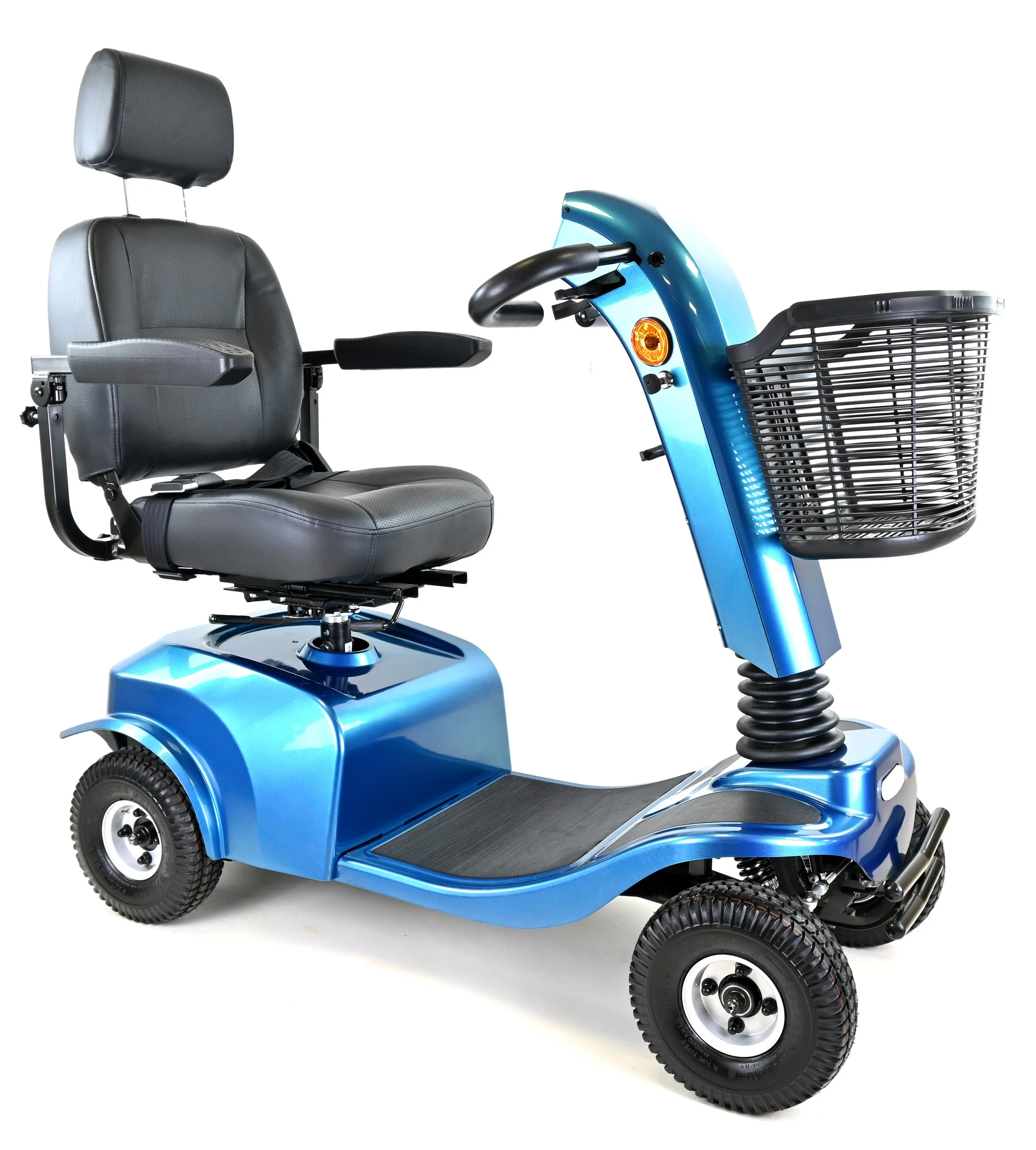 Blue mobility scooter with black seat and basket