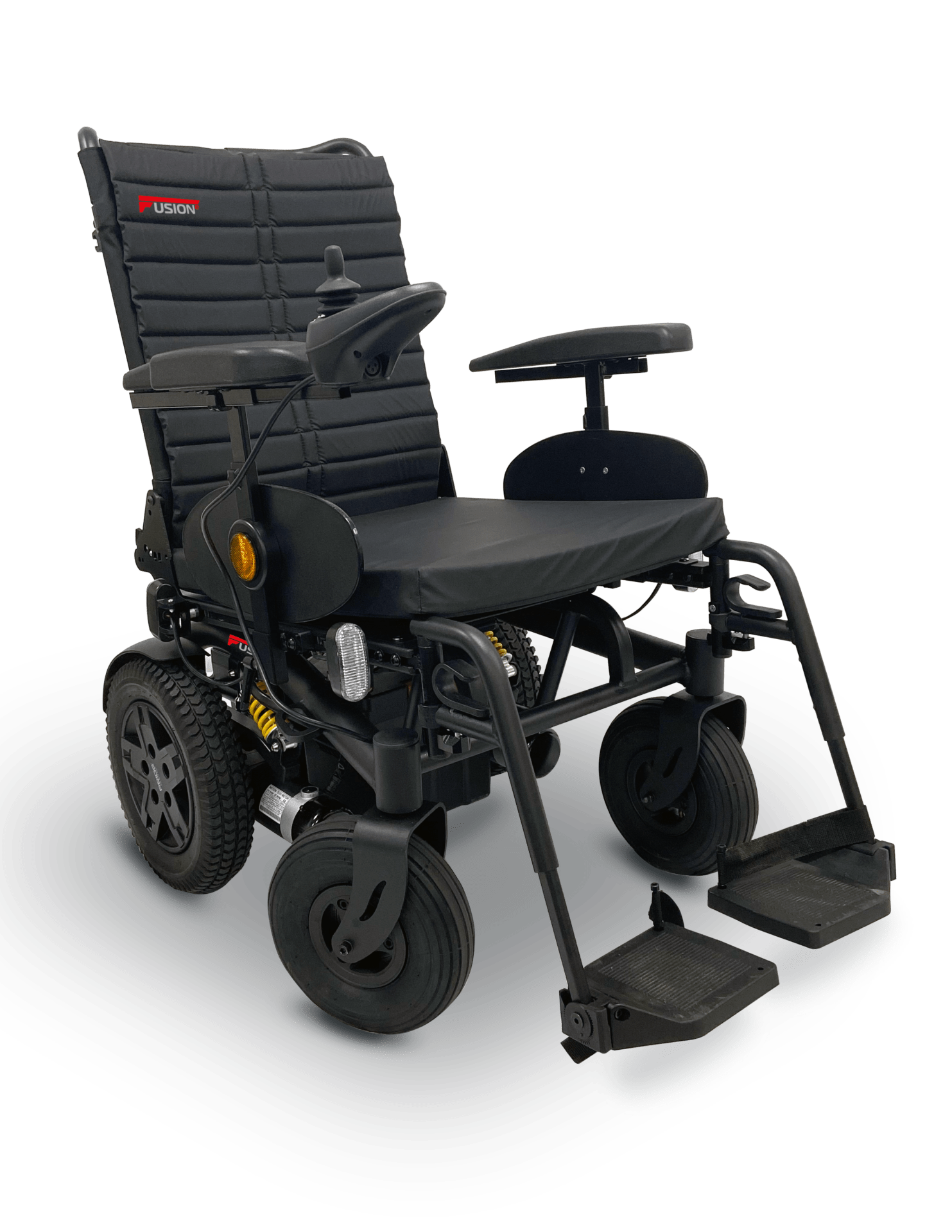 Electric wheelchair with black cushioned seat, armrests, footrests, and control joystick.